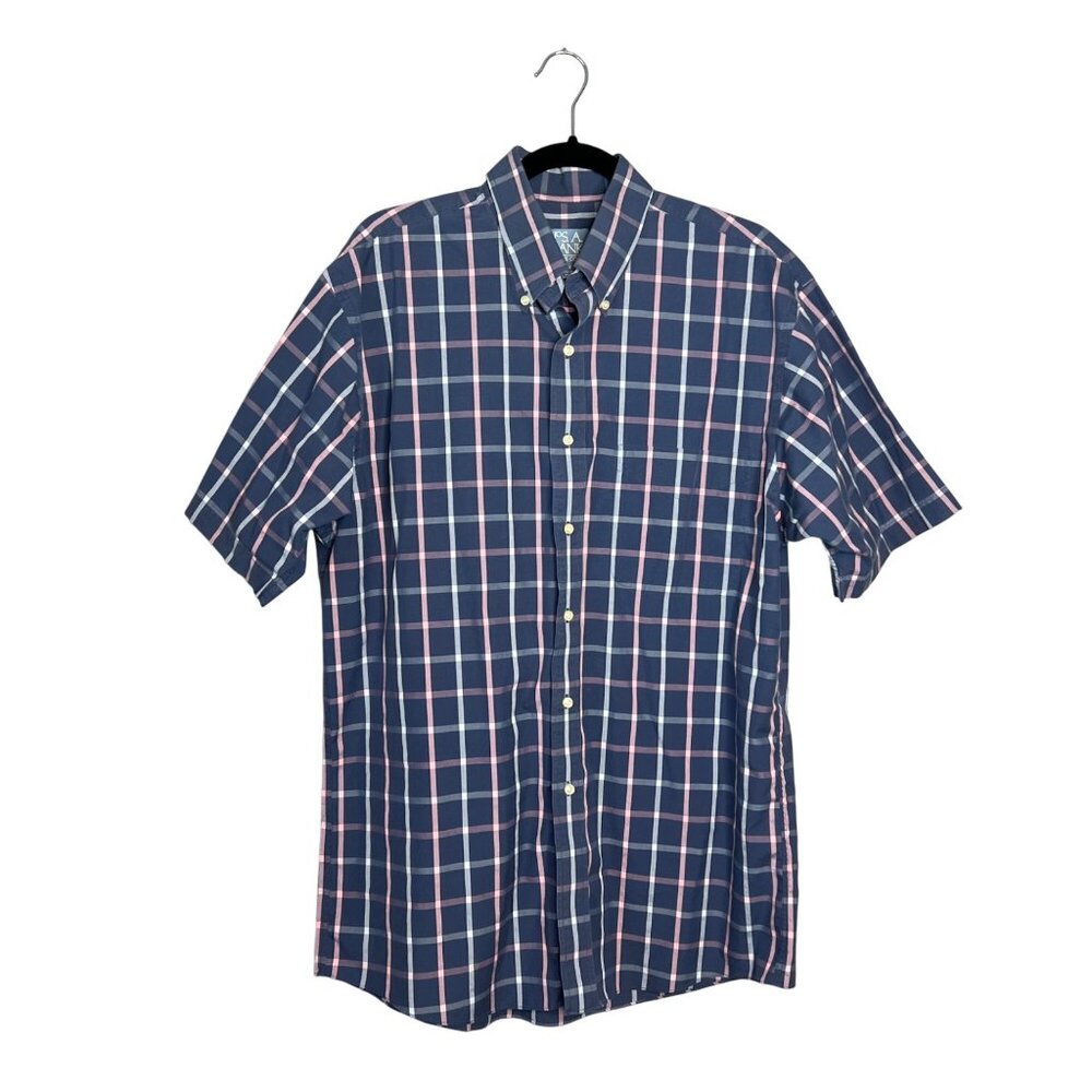 Jos A Bank Stays Cool Short‎ Sleeve Shirt Size M Button Down Grid Blue Pink